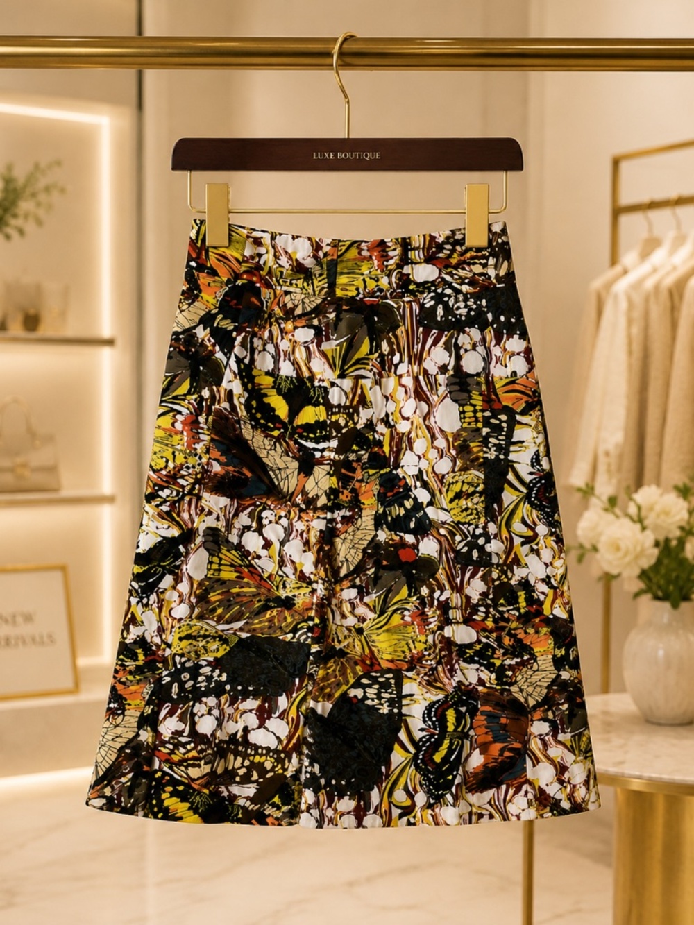 Butterfly Print A-Line Skirt Women's Midi Skirt Multicolor Floral Art